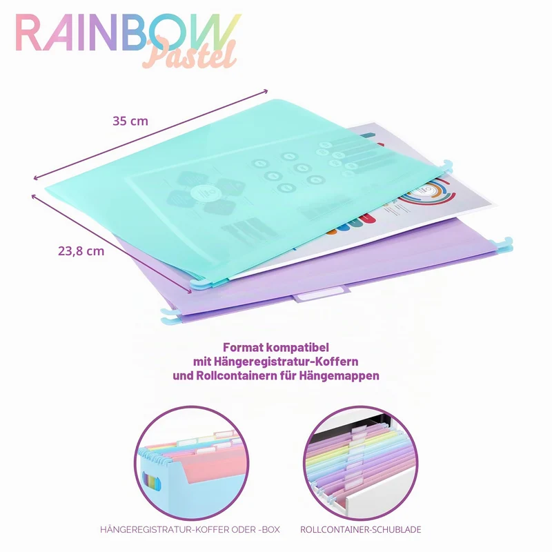 Viquel - Set mit 8 Hängemappen aus Kunststoff Rainbow Pastel – Pastellfarben – robuster Kunststoff – Registerkarte zur Identifizierung – 5 Farben sortiert