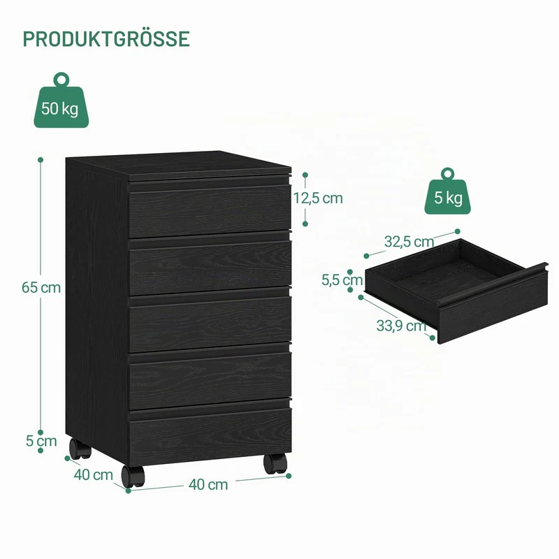 Hzuaneri Rollcontainer 40x40x70cm 5 Schubladen schwarz