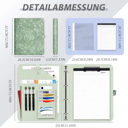 Leathario Schreibmappe A4 Konferenzmappe Klemmbrett Grün