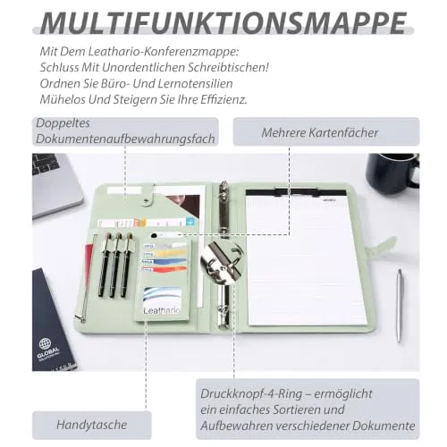 Leathario Schreibmappe A4 Konferenzmappe Klemmbrett Grün