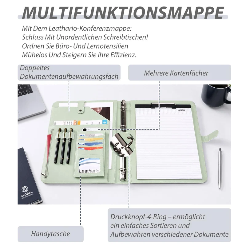 Leathario Schreibmappe A4 Konferenzmappe Klemmbrett Grün