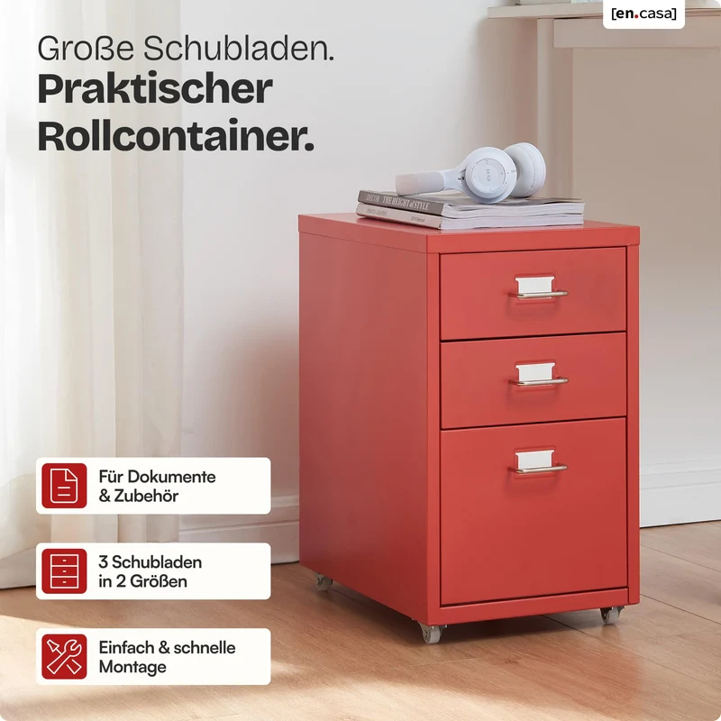 [en.casa] Rollcontainer Kökar Schubladenschrank Metall Aktenschrank mit 3 Schubladen Bürowagen mit Rollen für Arbeitszimmer 48 x 28 x 41 cm Rot