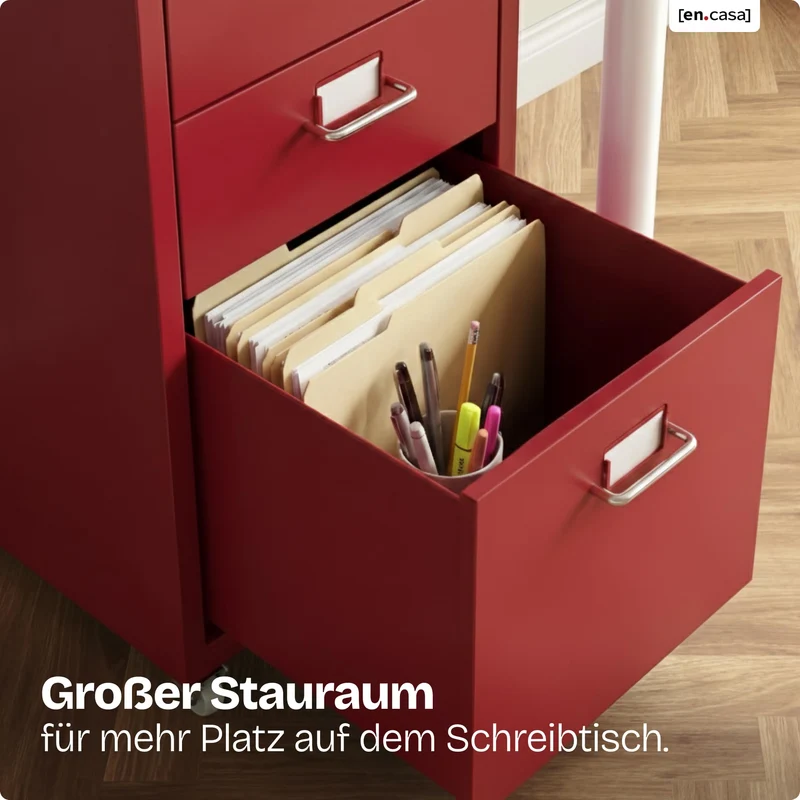 [en.casa] Rollcontainer Kökar Schubladenschrank Metall Aktenschrank mit 3 Schubladen Bürowagen mit Rollen für Arbeitszimmer 48 x 28 x 41 cm Rot