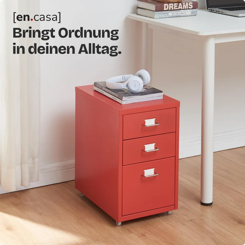 [en.casa] Rollcontainer Kökar Schubladenschrank Metall Aktenschrank mit 3 Schubladen Bürowagen mit Rollen für Arbeitszimmer 48 x 28 x 41 cm Rot