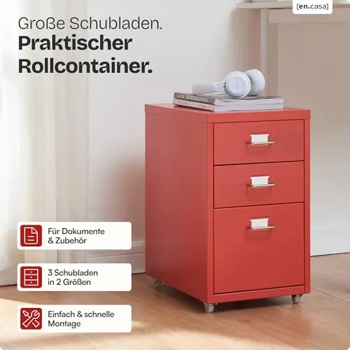 [en.casa] Rollcontainer Kökar Schubladenschrank Metall Aktenschrank mit 3 Schubladen Bürowagen mit Rollen für Arbeitszimmer 48 x 28 x 41 cm Rot