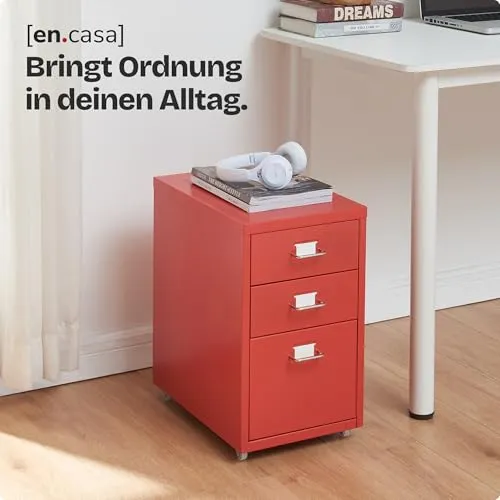 [en.casa] Rollcontainer Kökar Schubladenschrank Metall Aktenschrank mit 3 Schubladen Bürowagen mit Rollen für Arbeitszimmer 48 x 28 x 41 cm Rot