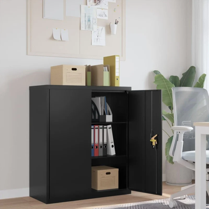 Aktenschrank Schwarz aus pulverbeschichtetem Stahl 90x40x105 cm mit 2 Einlegeböden abschließbar für Büro Arbeitszimmer Homeoffice zur sicheren Archivierung von Dokumenten und Ordnern