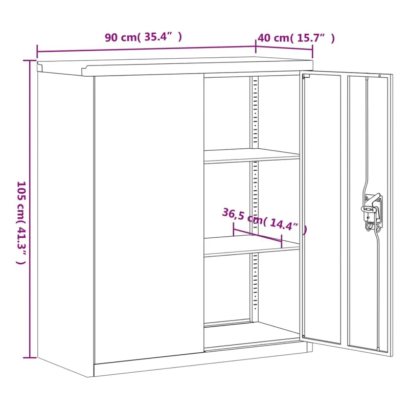Aktenschrank Schwarz aus pulverbeschichtetem Stahl 90x40x105 cm mit 2 Einlegeböden abschließbar für Büro Arbeitszimmer Homeoffice zur sicheren Archivierung von Dokumenten und Ordnern