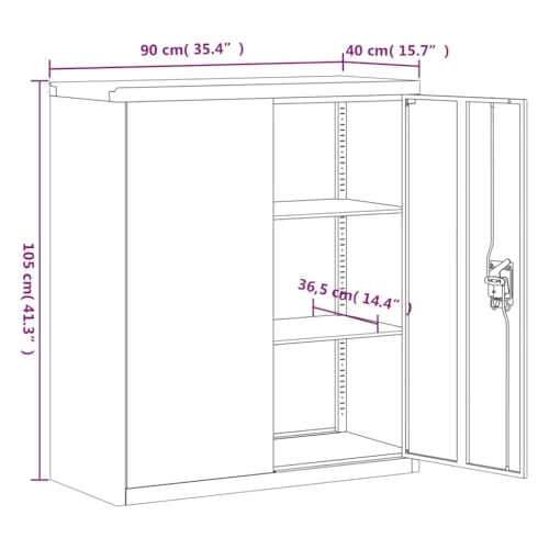 Aktenschrank Schwarz aus pulverbeschichtetem Stahl 90x40x105 cm mit 2 Einlegeböden abschließbar für Büro Arbeitszimmer Homeoffice zur sicheren Archivierung von Dokumenten und Ordnern