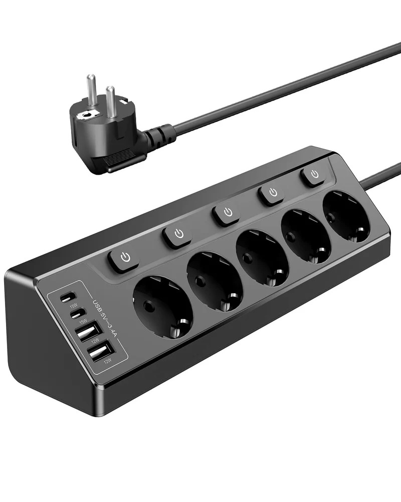 Ecksteckdose mit Unabhängigem Schalter, Steckdosenleiste Mit 4 USB (2 USB C)+5 Fach Steckdose Mit Kindersicherung, 3680W, 2M Verlängerungskabel für Küche, Büro, Haushalt (schwarz‌)