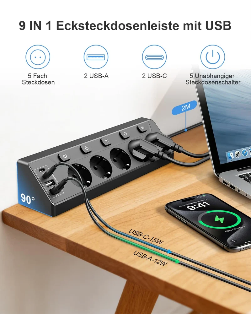 Ecksteckdose mit Unabhängigem Schalter, Steckdosenleiste Mit 4 USB (2 USB C)+5 Fach Steckdose Mit Kindersicherung, 3680W, 2M Verlängerungskabel für Küche, Büro, Haushalt (schwarz‌)