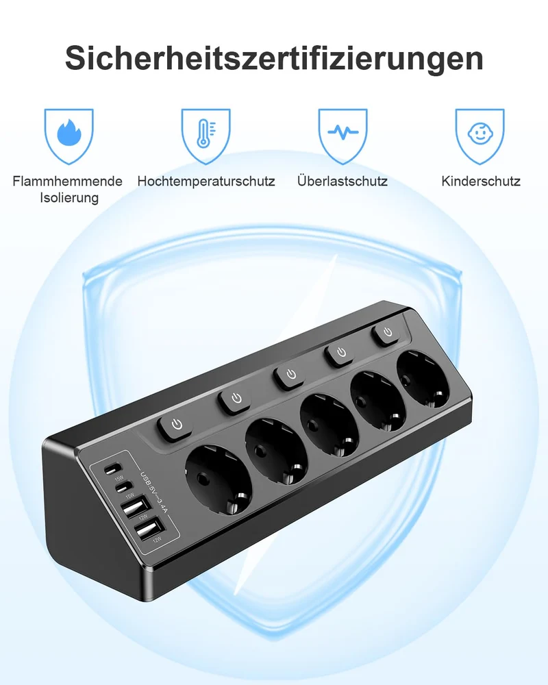 Ecksteckdose mit Unabhängigem Schalter, Steckdosenleiste Mit 4 USB (2 USB C)+5 Fach Steckdose Mit Kindersicherung, 3680W, 2M Verlängerungskabel für Küche, Büro, Haushalt (schwarz‌)