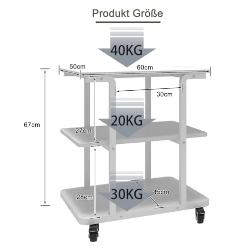 PUNCIA 3-Ebenen Druckertisch Druckerständer mit Rollen 60 x 50 cm Weiß