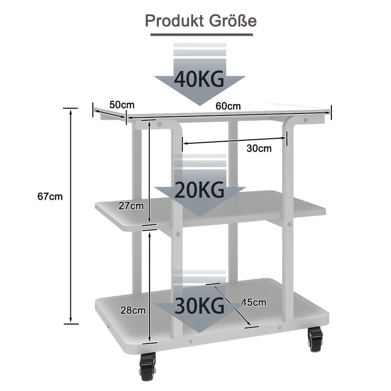 PUNCIA 3-Ebenen Druckertisch Druckerständer mit Rollen 60 x 50 cm Weiß