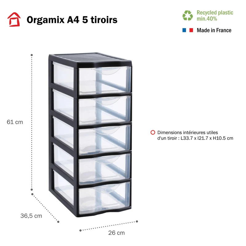 SUNDIS Orgamix, schubladenbox aus Kunststoff, 5 transparente Schubladen im A4-Papierformat, Höhe 61 cm, ideal zur Aufbewahrung von Büchern, Kursen, Dokumenten, Zubehör, Accessoires