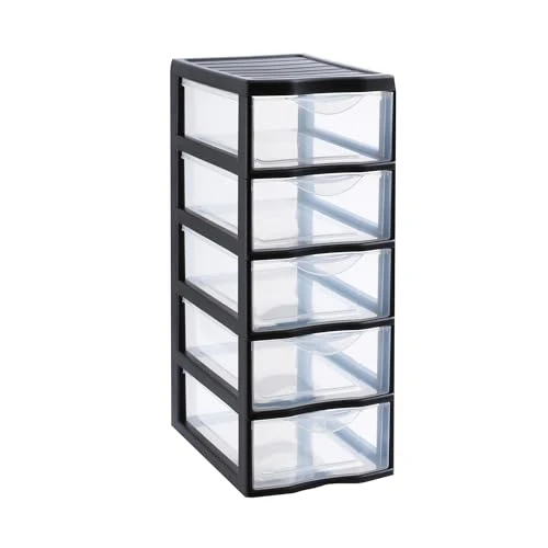 SUNDIS Orgamix, schubladenbox aus Kunststoff, 5 transparente Schubladen im A4-Papierformat, Höhe 61 cm, ideal zur Aufbewahrung von Büchern, Kursen, Dokumenten, Zubehör, Accessoires