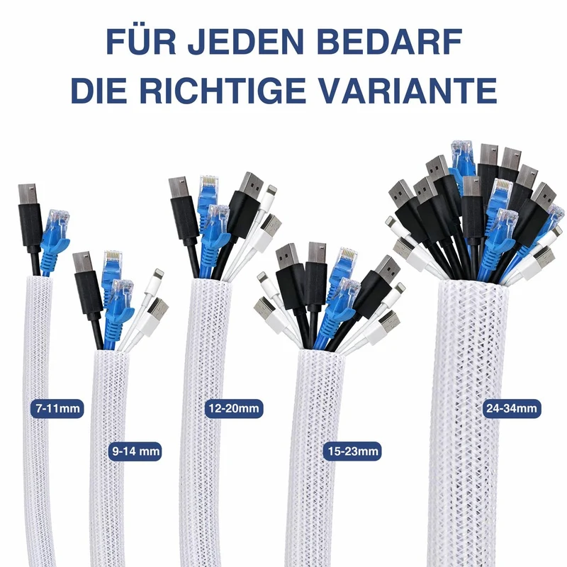 3m Kabelschlauch Selbstschließend, 12-20mm Kabelkanal, Flexibel gewebter Kabelschutz zuschneidbar, Kabelmanagement für TV Computer Heimkino Automobilkabel, Weiß