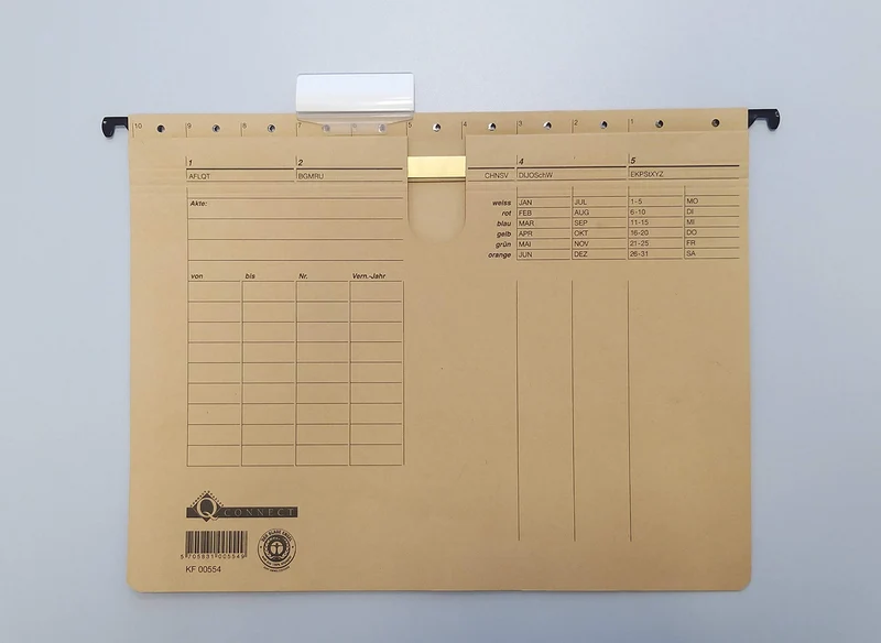 Q-Connect KF00554 Hängehefter/Hängemappen Für A4 Farbe: Braun/Natronkarton, Heftung aus 250g/qm / 25 Stück/Schwarzer Organisationsdruck/mit auswechselbaren Blanco-Schildchen/Blauer Engel