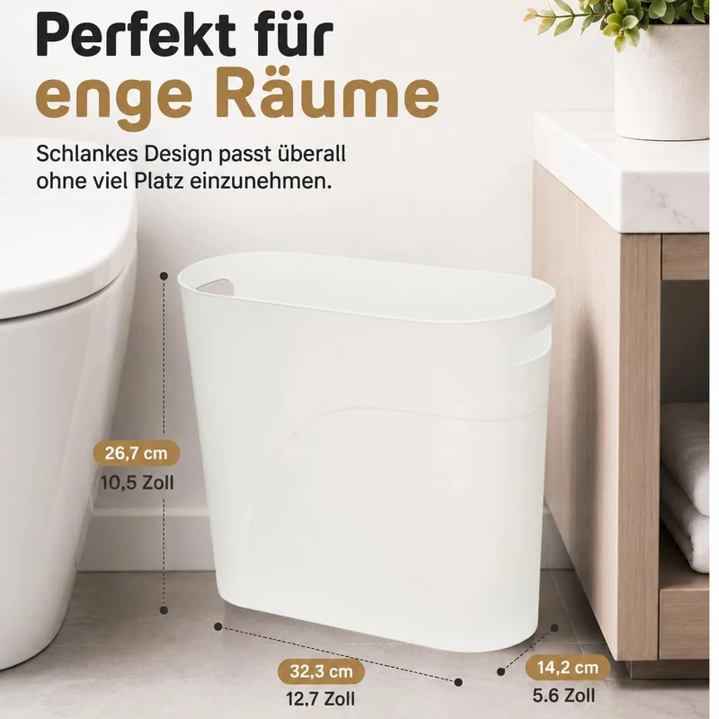 Caxmtu Mülleimer Papierkorb Abfalleimer Badezimmer Papiereimer Höhe 27 cm 10 L Schlanker Mülleimer mit Griff für Zuhause Küche Badezimmer Schlafzimmer Büro, aus Kunststoff, 2 Stück (Weiss)