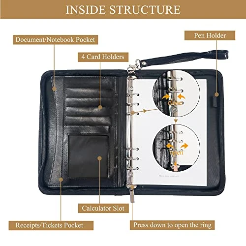 GraduationMall A5 Schreibmappe mit Ringbuch Reißverschluss Portfolio Klemmbrett Business Mappe Dokumentenmappe Organizer Schwarz