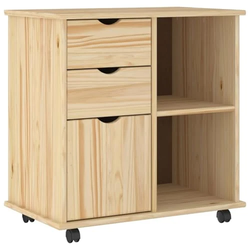 Makastle Rollschrank für Homeoffice 63,5 x 39 x 65,5 cm Braun Massivholz Kiefer mit Schubladen und Rollen