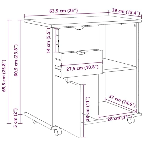 Makastle Rollschrank für Homeoffice 63,5 x 39 x 65,5 cm Braun Massivholz Kiefer mit Schubladen und Rollen