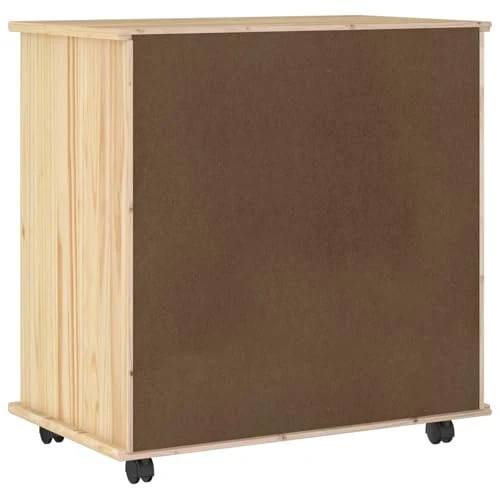 Makastle Rollschrank für Homeoffice 63,5 x 39 x 65,5 cm Braun Massivholz Kiefer mit Schubladen und Rollen