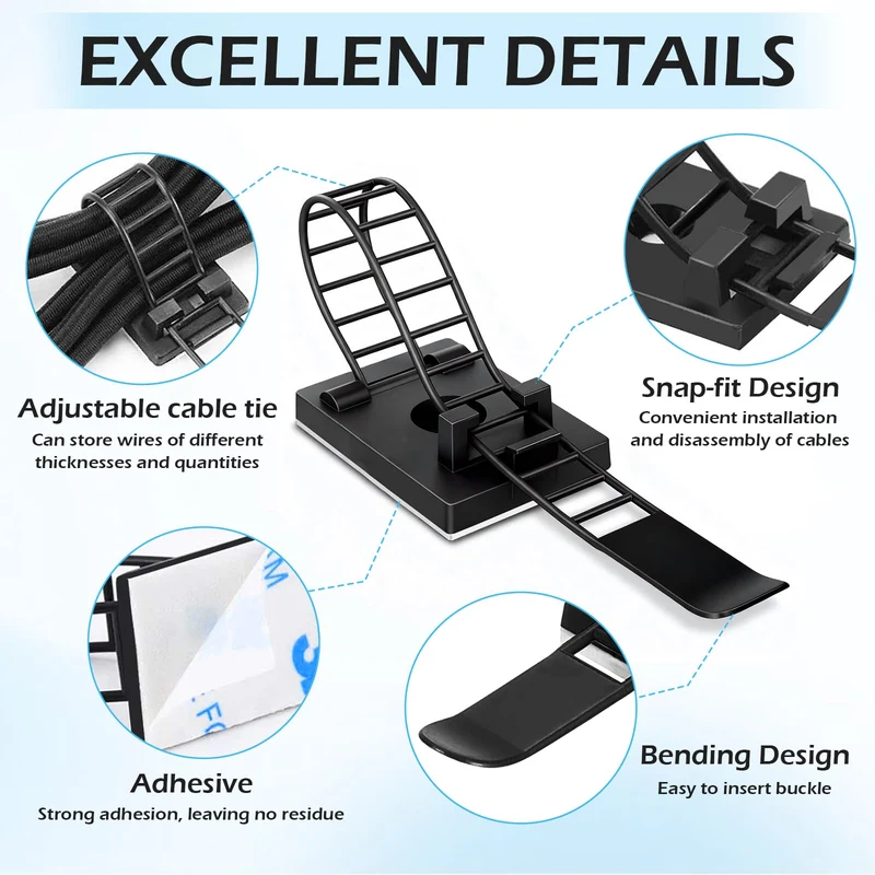Redamancy 50 Stück Kabelhalter Selbstklebend, Kabelclips Kabelklemmen, Kabelhalterungen für Cable Management, Kabelhalter für Den Schreibtisch, Cable Holder für Zuhause Büro und Werkstatt (Schwarz)