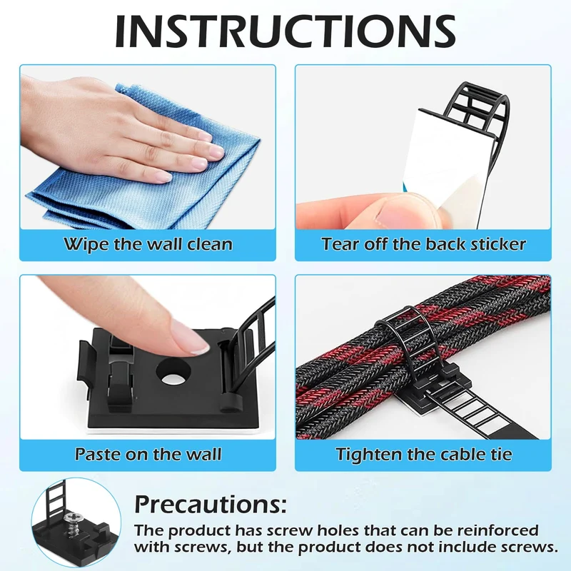 Redamancy 50 Stück Kabelhalter Selbstklebend, Kabelclips Kabelklemmen, Kabelhalterungen für Cable Management, Kabelhalter für Den Schreibtisch, Cable Holder für Zuhause Büro und Werkstatt (Schwarz)