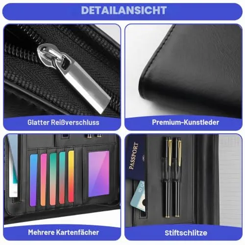 Schreibmappe A4 mit Reißverschluss, Konferenzmappe mit 1 A4 Notizblock Dokumentenmappe Aktenmappe mit Notizblock Mappe für Meeting, Business ikl.1 Kugelschreiber für Business, Meeting, Büro