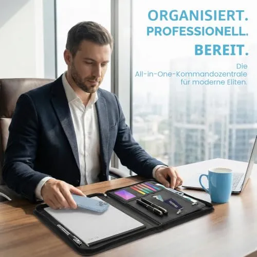 Schreibmappe A4 mit Reißverschluss, Konferenzmappe mit 1 A4 Notizblock Dokumentenmappe Aktenmappe mit Notizblock Mappe für Meeting, Business ikl.1 Kugelschreiber für Business, Meeting, Büro