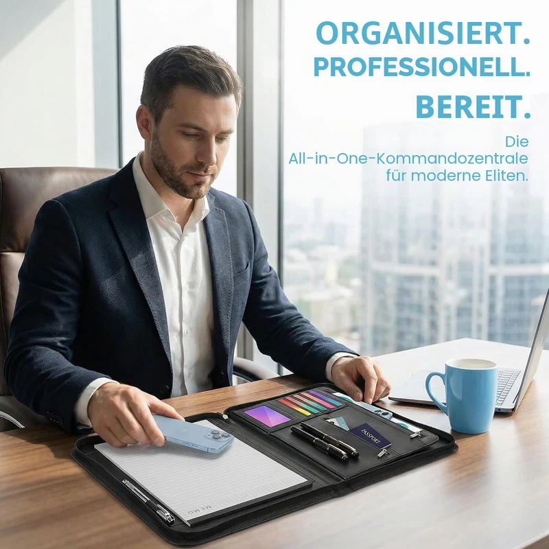 Schreibmappe A4 mit Reißverschluss, Konferenzmappe mit 1 A4 Notizblock Dokumentenmappe Aktenmappe mit Notizblock Mappe für Meeting, Business ikl.1 Kugelschreiber für Business, Meeting, Büro