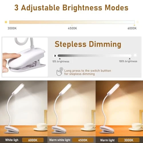 Diboniur Schreibtischlampe Klemmbar, Wiederaufladbare Nachttischlampe Touch Dimmbar, 3 Farben und dimmbar, 360° flexible Klemmleuchte Bett für Studium und Arbeit, Clip-on, USB-Anschluss