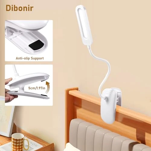 Diboniur Schreibtischlampe Klemmbar, Wiederaufladbare Nachttischlampe Touch Dimmbar, 3 Farben und dimmbar, 360° flexible Klemmleuchte Bett für Studium und Arbeit, Clip-on, USB-Anschluss