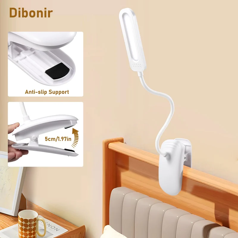 Diboniur Schreibtischlampe Klemmbar, Wiederaufladbare Nachttischlampe Touch Dimmbar, 3 Farben und dimmbar, 360° flexible Klemmleuchte Bett für Studium und Arbeit, Clip-on, USB-Anschluss