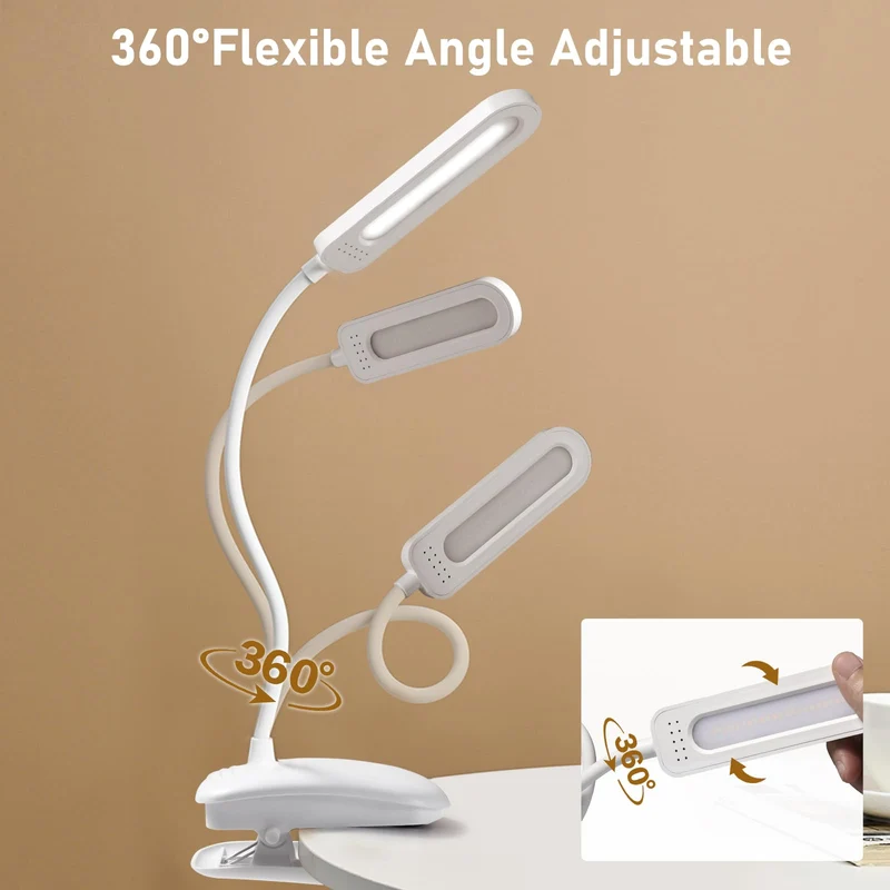 Diboniur Schreibtischlampe Klemmbar, Wiederaufladbare Nachttischlampe Touch Dimmbar, 3 Farben und dimmbar, 360° flexible Klemmleuchte Bett für Studium und Arbeit, Clip-on, USB-Anschluss