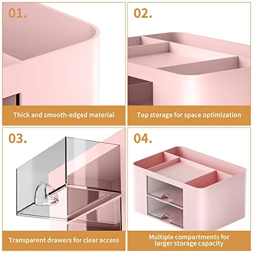 Marbrasse Schreibtisch Organizer mit Schubladen,Multifunktional Stiftehalter Schreibtisch mit 7 Fächer 2 Schubladen,Büro Organizer Zubehör(Rosa)