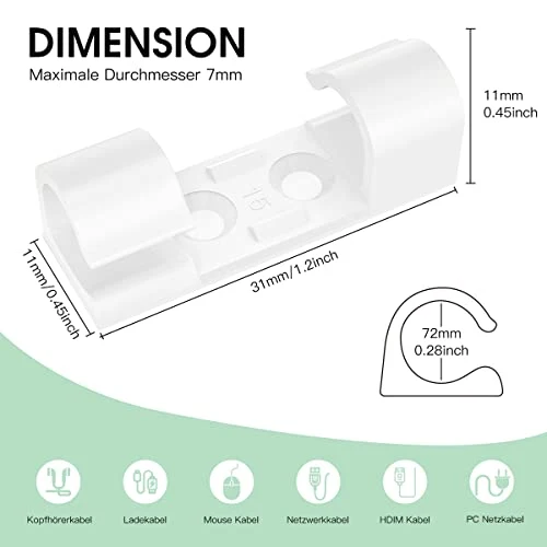 AGPTEK 30 Kabelclips, Kabelhalter mit selbstklebendem Sicherheitspad, Kabelklemme, Set für Schreibtisch, Stromkabel, USB-Ladekabel, Audiokabel, 30 Stück, Weiß, 30 Stück