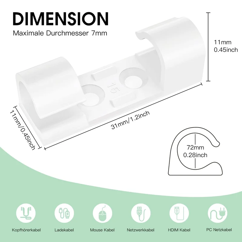 AGPTEK 30 Kabelclips, Kabelhalter mit selbstklebendem Sicherheitspad, Kabelklemme, Set für Schreibtisch, Stromkabel, USB-Ladekabel, Audiokabel, 30 Stück, Weiß, 30 Stück