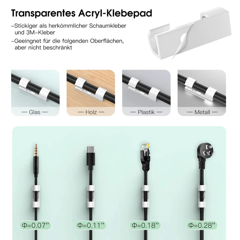 AGPTEK 30 Kabelclips, Kabelhalter mit selbstklebendem Sicherheitspad, Kabelklemme, Set für Schreibtisch, Stromkabel, USB-Ladekabel, Audiokabel, 30 Stück, Weiß, 30 Stück