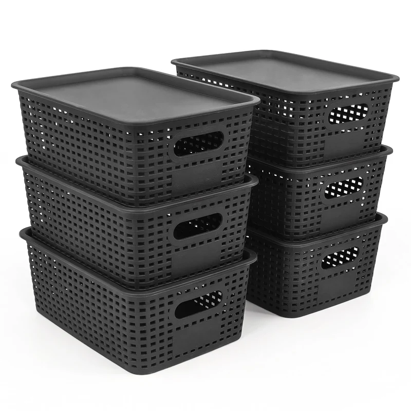 LYLIDIA 6er Set Aufbewahrungsbox mit Deckel Klein Korb Schwarz, Kiste Aufbewahrungskorb in Rattan Design, Stapelbar Box aus PP Kunststoff, Organizer Körbchen Stapelboxen, 26x18x10 cm (Schwarz Deckel)