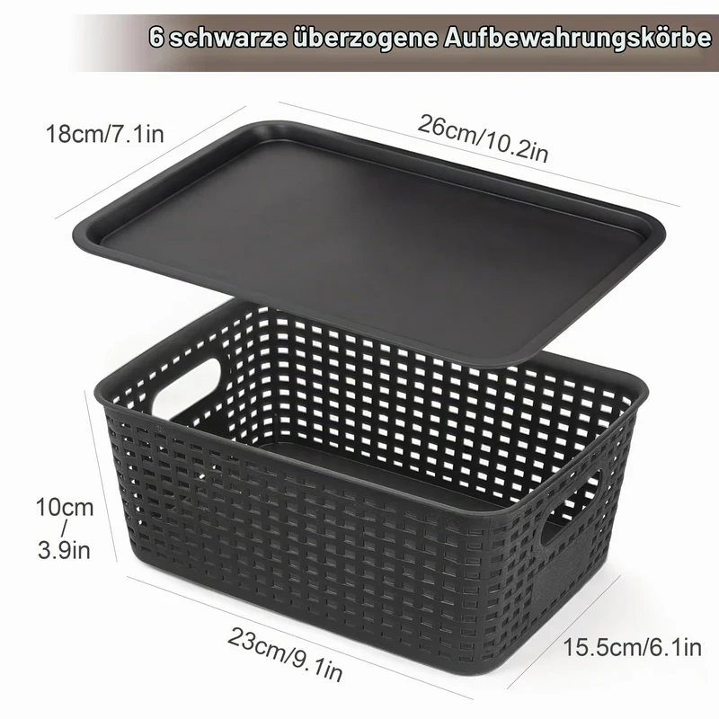 LYLIDIA 6er Set Aufbewahrungsbox mit Deckel Klein Korb Schwarz, Kiste Aufbewahrungskorb in Rattan Design, Stapelbar Box aus PP Kunststoff, Organizer Körbchen Stapelboxen, 26x18x10 cm (Schwarz Deckel)
