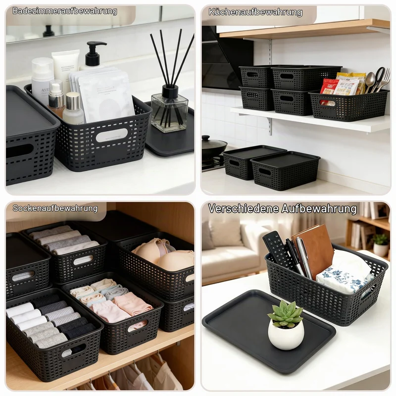 LYLIDIA 6er Set Aufbewahrungsbox mit Deckel Klein Korb Schwarz, Kiste Aufbewahrungskorb in Rattan Design, Stapelbar Box aus PP Kunststoff, Organizer Körbchen Stapelboxen, 26x18x10 cm (Schwarz Deckel)