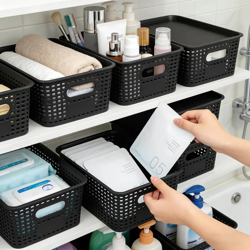 LYLIDIA 6er Set Aufbewahrungsbox mit Deckel Klein Korb Schwarz, Kiste Aufbewahrungskorb in Rattan Design, Stapelbar Box aus PP Kunststoff, Organizer Körbchen Stapelboxen, 26x18x10 cm (Schwarz Deckel)