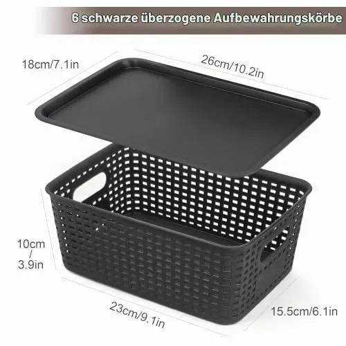 LYLIDIA 6er Set Aufbewahrungsbox mit Deckel Klein Korb Schwarz, Kiste Aufbewahrungskorb in Rattan Design, Stapelbar Box aus PP Kunststoff, Organizer Körbchen Stapelboxen, 26x18x10 cm (Schwarz Deckel)