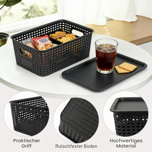 LYLIDIA 6er Set Aufbewahrungsbox mit Deckel Klein Korb Schwarz, Kiste Aufbewahrungskorb in Rattan Design, Stapelbar Box aus PP Kunststoff, Organizer Körbchen Stapelboxen, 26x18x10 cm (Schwarz Deckel)
