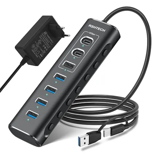 RSHTECH 7 Port USB C 3.0/3.2 Hub mit Netzteil & Anschluss-Steuerschalter