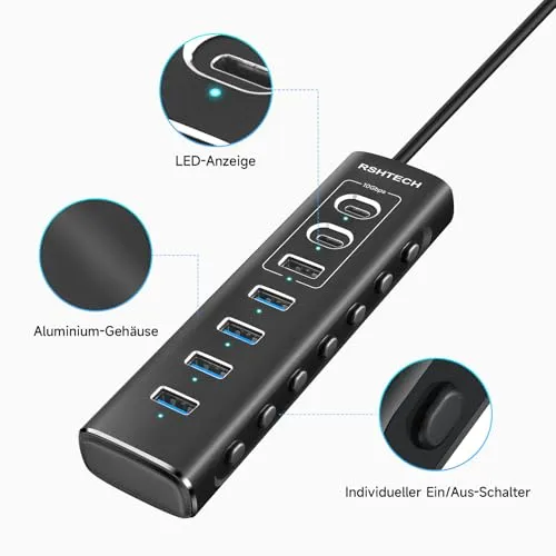 RSHTECH 7 Port USB C 3.0/3.2 Hub mit Netzteil & Anschluss-Steuerschalter