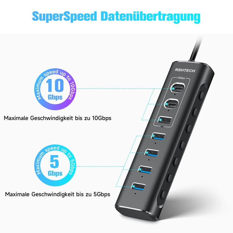 RSHTECH 7 Port USB C 3.0/3.2 Hub mit Netzteil & Anschluss-Steuerschalter