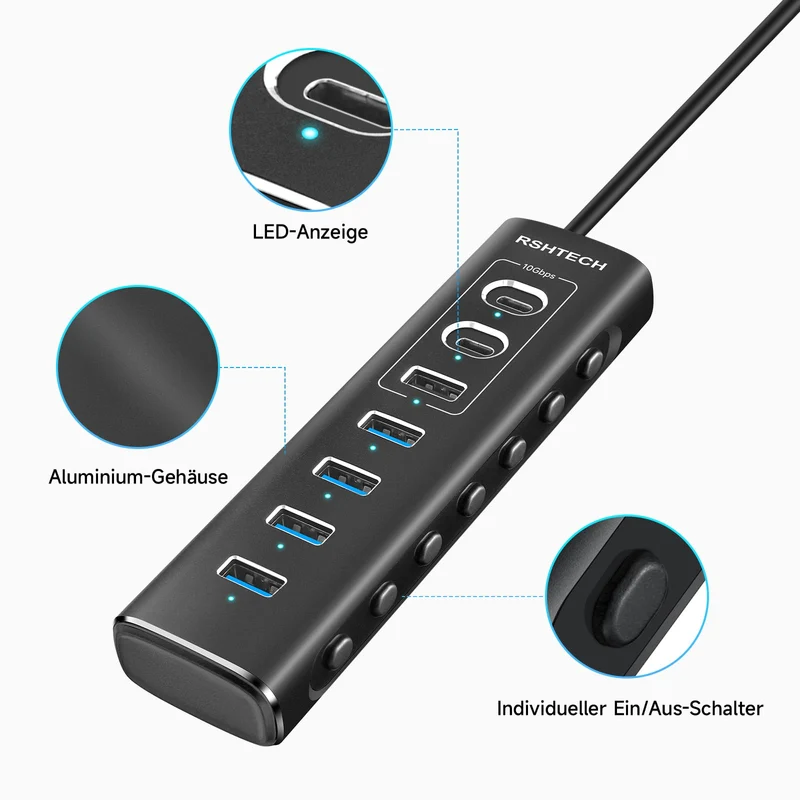 RSHTECH 7 Port USB C 3.0/3.2 Hub mit Netzteil & Anschluss-Steuerschalter